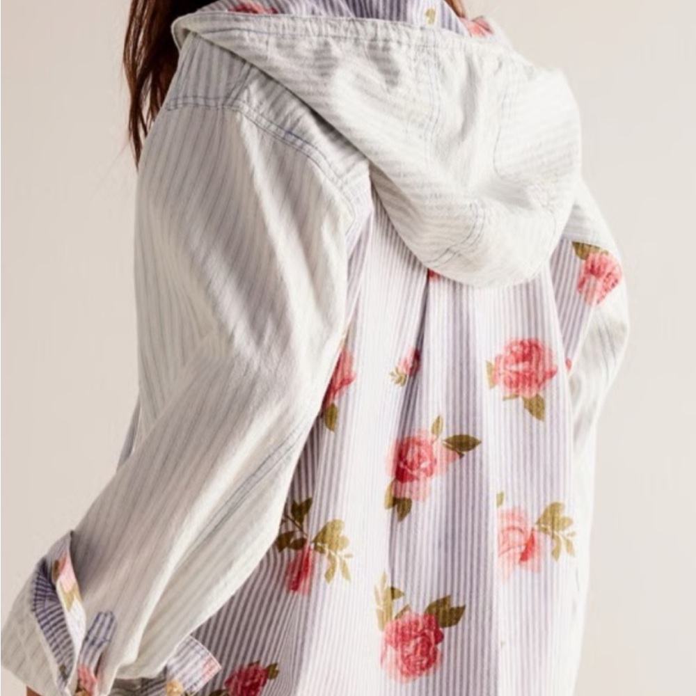 We The Free Striped Hooded Shirt with Red Floral Accents